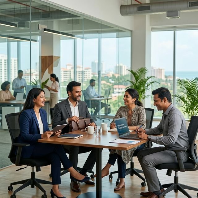 Professionals collaborating in a modern office